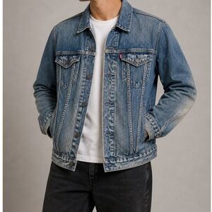 Levis Trucker Jacket 72334 Mens Large Blue Denim Faded Distressed Button Up L